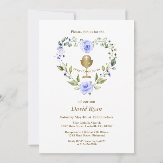 Invitation Fleurs bleues Wreath Boy Première Communion sainte (Devant)