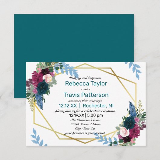 Invitation Fleurs Bloom Mod Turquoise -3x5 Mariage Annonce/Ré (Devant / Derrière)