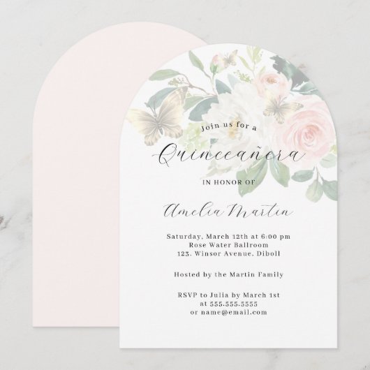 Invitation Fleurs Blush Arche Moderne de Quinceanera  (Devant / Derrière)