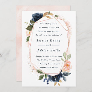 Invitation Fleurs Blush & Navy Géométrique All Seasons Mariag