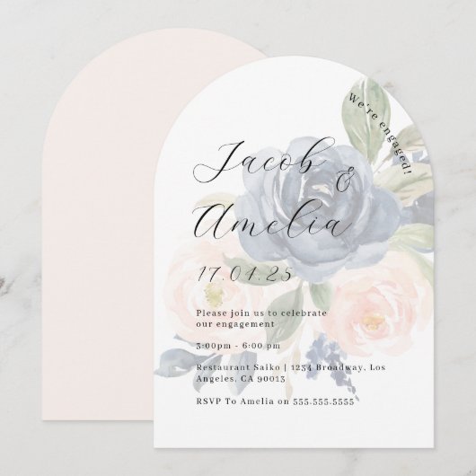 Invitation Fleurs Blush Navy Moderne Arch Fête de Fiançailles (Devant / Derrière)