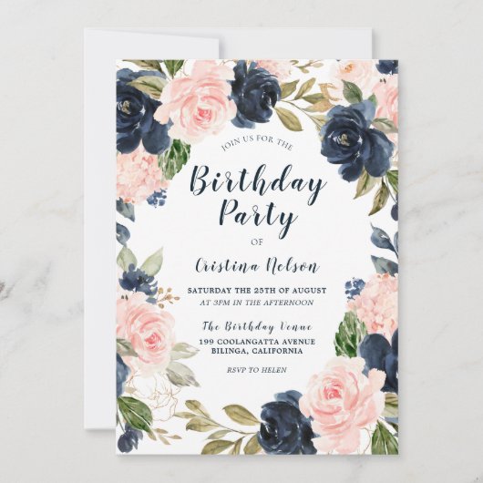 Invitation Fleurs Blush Pink & Navy toute l'année Anniversair (Devant)