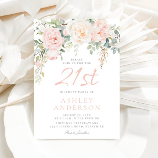 Invitation Fleurs Blush & Sage Filles 21ème anniversaire