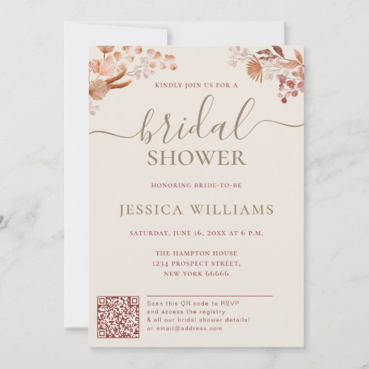 Invitation Fleurs boemiennes avec Fête des mariées de code QR (Devant)