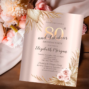 Invitation Fleurs Bohème Pampas Rose Doré 80e Anniversaire