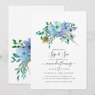 Invitation Fleurs bohèmes aquarelles bleues et menthe Sip and