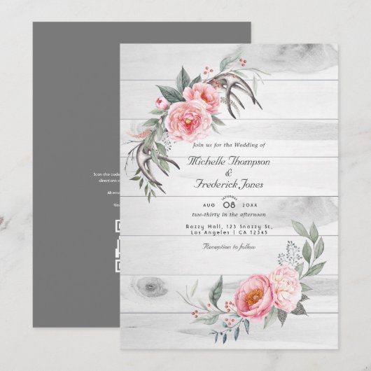 Invitation Fleurs Bohèmes de Code QR de Réponse de Mariage Ro (Devant / Derrière)