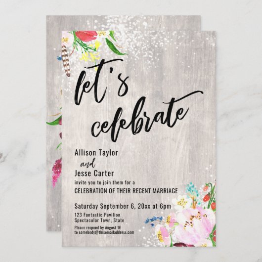 Invitation Fleurs Bohèmes Lumières Bois Rustique Fêtons (Devant / Derrière)