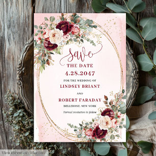 Invitation Fleurs Boho Bourgeon de Bourgogne Or Roses Enregis