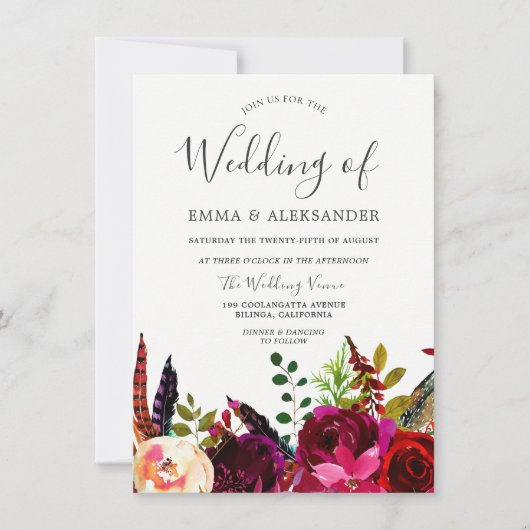 Invitation Fleurs Boho Bourgogne Automne Mariage Automne (Devant)