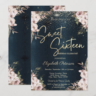 Invitation Fleurs Boho Confettis Bleu Foncé Sweet 16