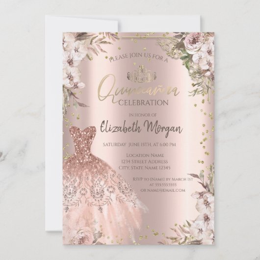 Invitation Fleurs Boho Diamants Robe Quinceanera (Devant)