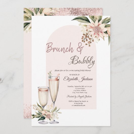 Invitation Fleurs Boho en verre de champagne Brunch & Bubbly (Devant / Derrière)
