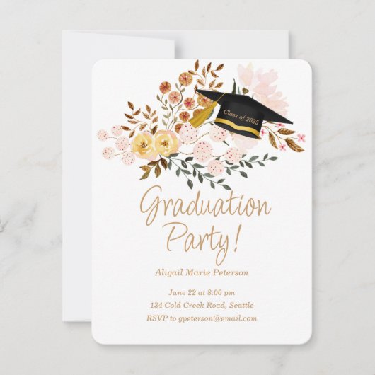 Invitation Fleurs Boho et fête de la casquette de graduation (Devant)