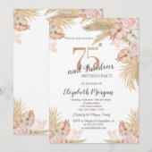 Invitation Fleurs Boho,Herbe de Pampas 75e Anniversaire (Devant / Derrière)