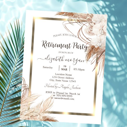 Invitation Fleurs Boho Herbe de Pampas Cadre Doré Retraite