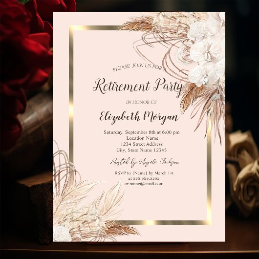 Invitation Fleurs Boho Herbe de Pampas Cadre Doré Retraite