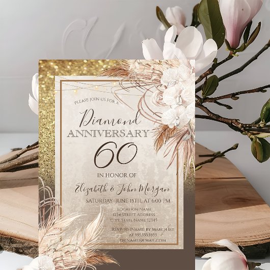 Invitation Fleurs Boho Herbe de Pampas Pailletée Anniversaire