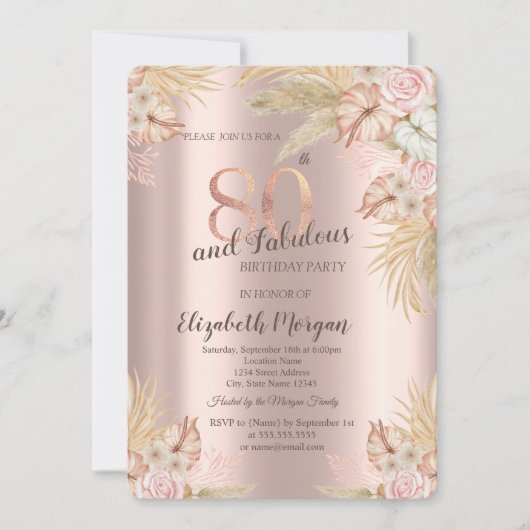 Invitation Fleurs Boho, Herbe de Pampas Rose Doré 80e Anniver (Devant)