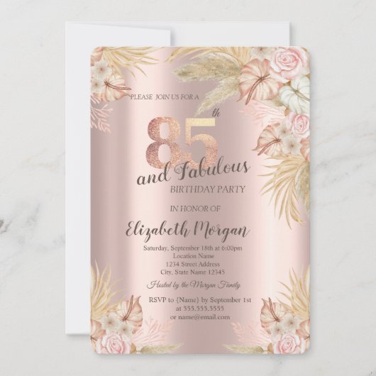 Invitation Fleurs Boho, Herbe des Pampas Rose Doré 85e Annive (Devant)