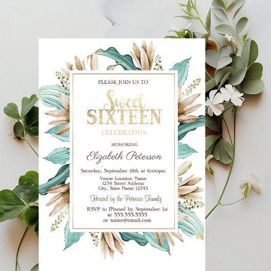 Invitation Fleurs Boho Herbe Sweet 16