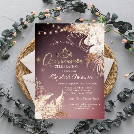 Invitation Fleurs Boho Lumières à cordes Quinceañera