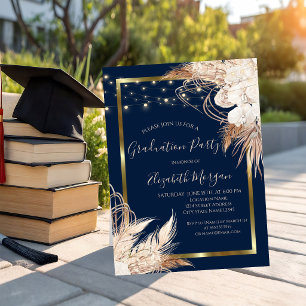 Invitation Fleurs Boho, Lumières, Bois, Fête de Graduation de