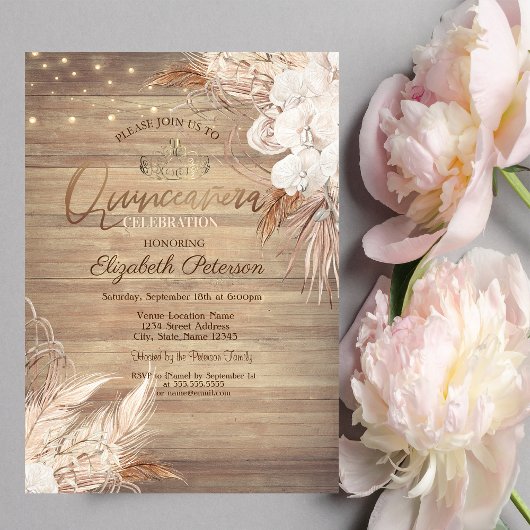 Invitation Fleurs Boho, Lumières, Quinceañera en bois