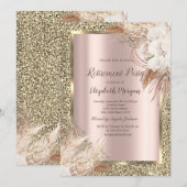 Invitation Fleurs Boho, Paillettes, Rose Or Retraite (Devant / Derrière)