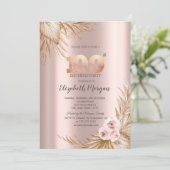Invitation Fleurs Boho Pampas Rose Doré 100e Anniversaire (Debout devant)
