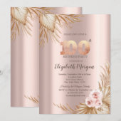 Invitation Fleurs Boho Pampas Rose Doré 100e Anniversaire (Devant / Derrière)