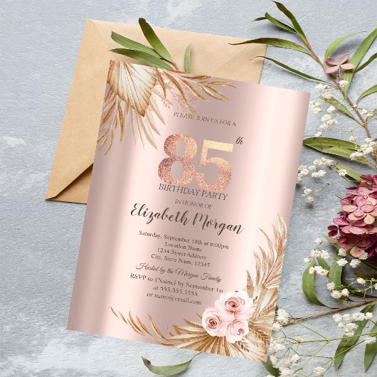 Invitation Fleurs Boho Pampas Rose Doré 85e Anniversaire
