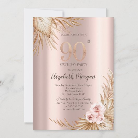 Invitation Fleurs Boho Pampas Rose Doré 90e Anniversaire (Devant)