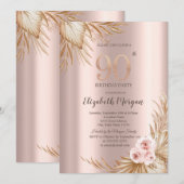 Invitation Fleurs Boho Pampas Rose Doré 90e Anniversaire (Devant / Derrière)
