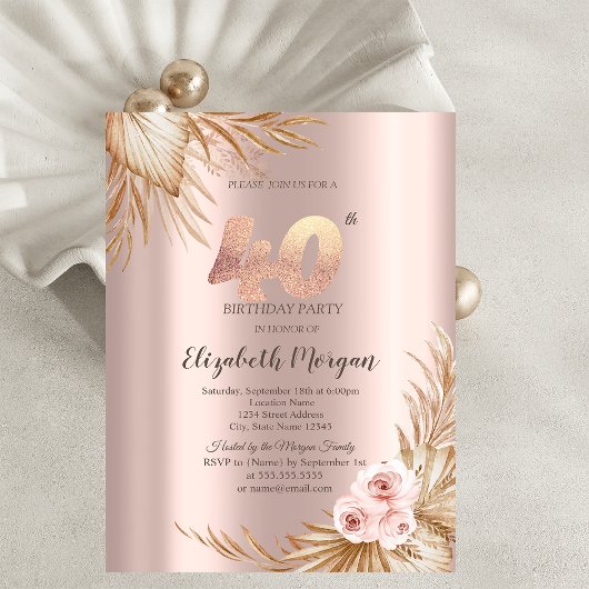 Invitation Fleurs Boho Pampas Rose Or 40e Anniversaire