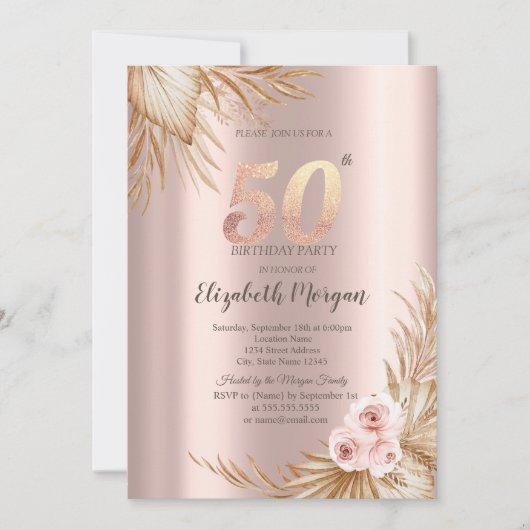 Invitation Fleurs Boho Pampas Rose Or 50e Anniversaire (Devant)