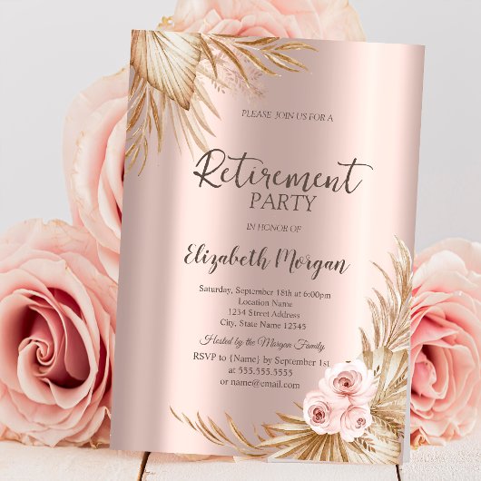 Invitation Fleurs Boho Pampas Rose Or Fête de Retraite