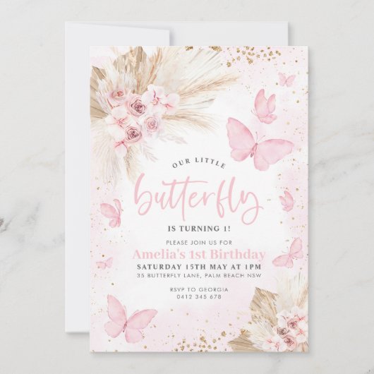 Invitation Fleurs Boho Papillon rose 1er anniversaire Floral (Devant)