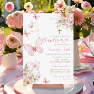 Invitation Fleurs Boho Papillons minimaliste Baptême Girl