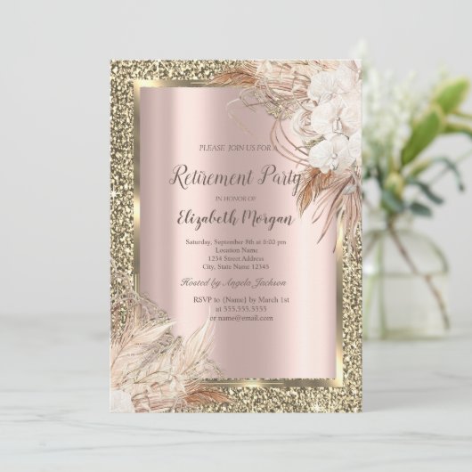 Invitation Fleurs Boho, Parties scintillant, Retraite Or Rose (Debout devant)