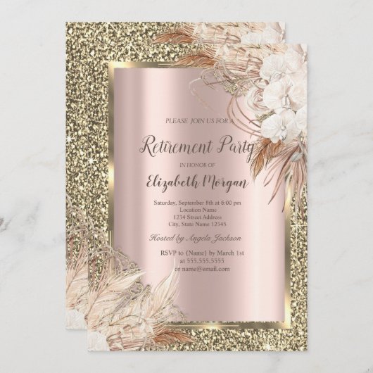 Invitation Fleurs Boho, Parties scintillant, Retraite Or Rose (Devant / Derrière)