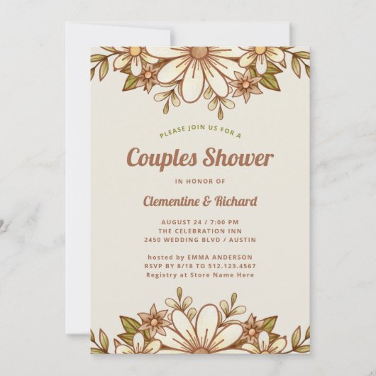 Invitation Fleurs Boho Retro | Douche Couples (Devant)