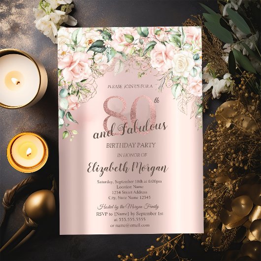 Invitation Fleurs Boho Roses Or Rose 80e Anniversaire