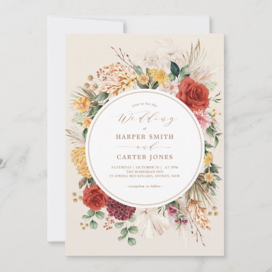 Invitation Fleurs Boho Rustiques Pampas Soirée Mariage Grass  (Devant)