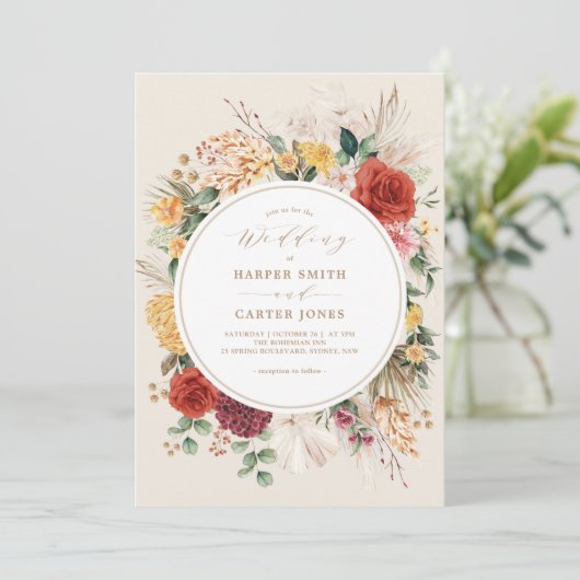 Invitation Fleurs Boho Rustiques Pampas Soirée Mariage Grass  (Debout devant)