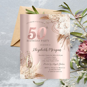 Invitation Fleurs Boho, Verre Champagne, Or Rose 50e