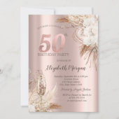 Invitation Fleurs Boho, Verre Champagne, Or Rose 50e (Devant)