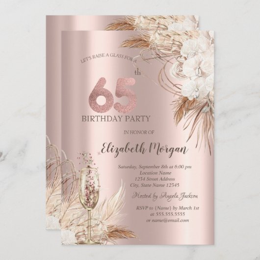 Invitation Fleurs Boho, Verre Champagne, Or Rose 65ème (Devant / Derrière)