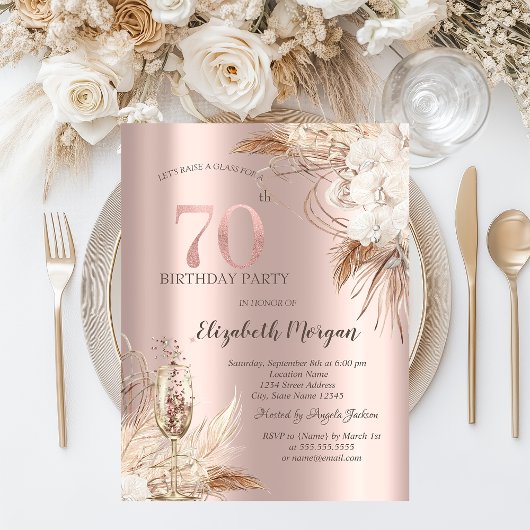 Invitation Fleurs Boho, Verre Champagne, Or Rose 70e
