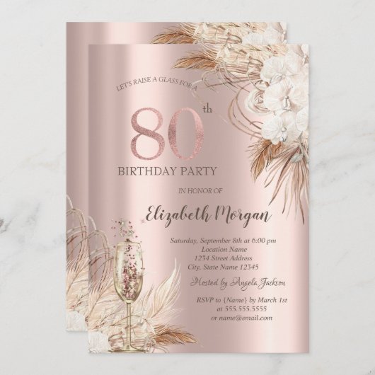 Invitation Fleurs Boho, Verre Champagne, Or Rose 80e (Devant / Derrière)